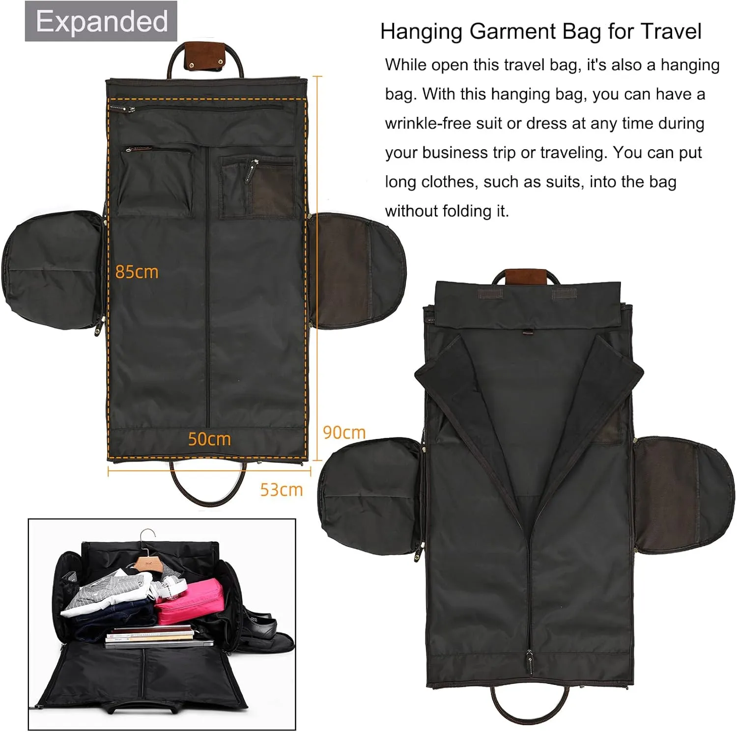 Full-grain Leather Garment Bag Large Capacity Travel Bag Business Suit Carrier Bag with Shoe Compartment, Overnight Gym Sports Duffel Bags for Men Women, Coffee