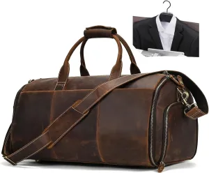 Full-grain Leather Garment Bag Large Capacity Travel Bag Business Suit Carrier Bag with Shoe Compartment, Overnight Gym Sports Duffel Bags for Men Women, Coffee