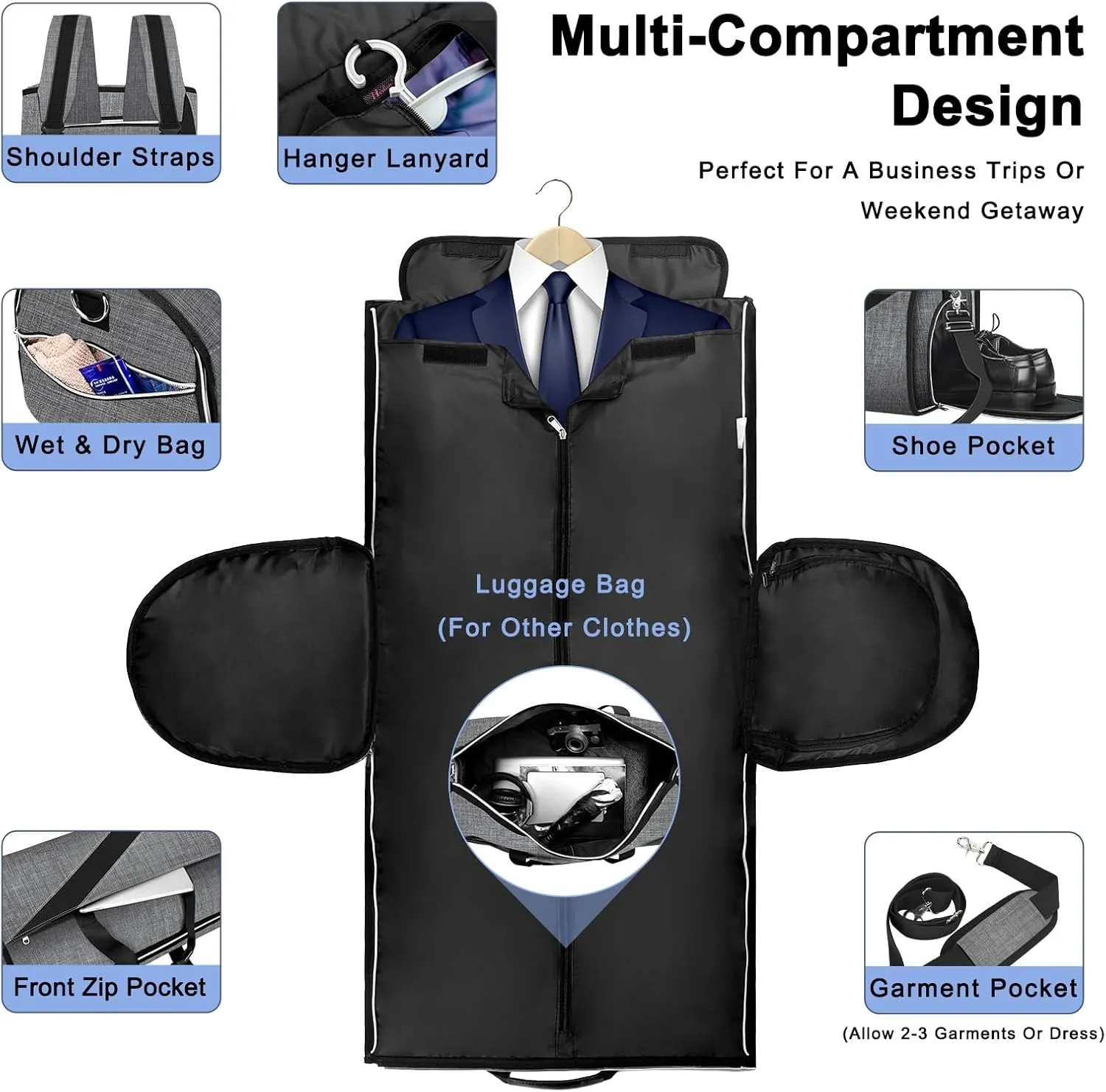 Garment Bag Large Duffel Bag Suit Travel Bag for Travel，Weekend Travel Backpack,Travel Flight Bag with Shoes Pouch for Men Women