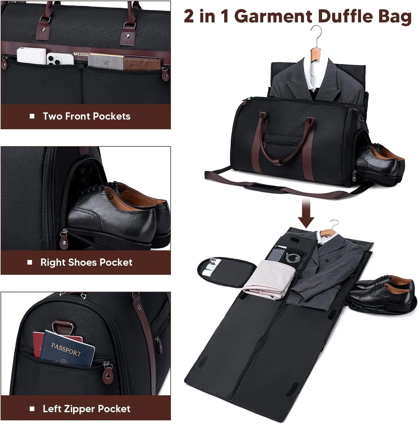Garment Bags for Travel, Convertible Travel Garment Duffle Bag, Carry On Garment Bag for Men Women with Shoes Compartment, 2 in 1 Suit Bag Travel Duffel Bag with Detachable Shoulder Strap-Black