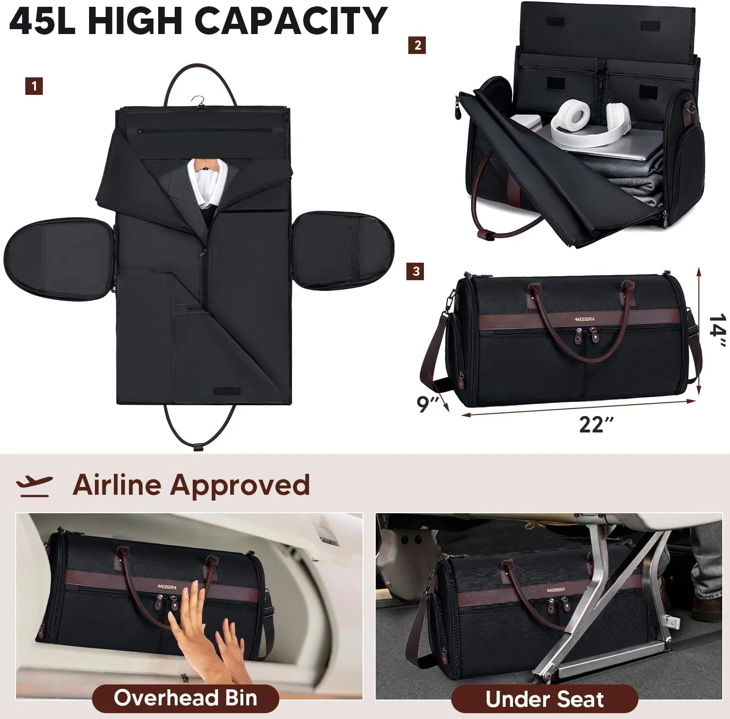 Garment Bags for Travel, Convertible Travel Garment Duffle Bag, Carry On Garment Bag for Men Women with Shoes Compartment, 2 in 1 Suit Bag Travel Duffel Bag with Detachable Shoulder Strap-Black