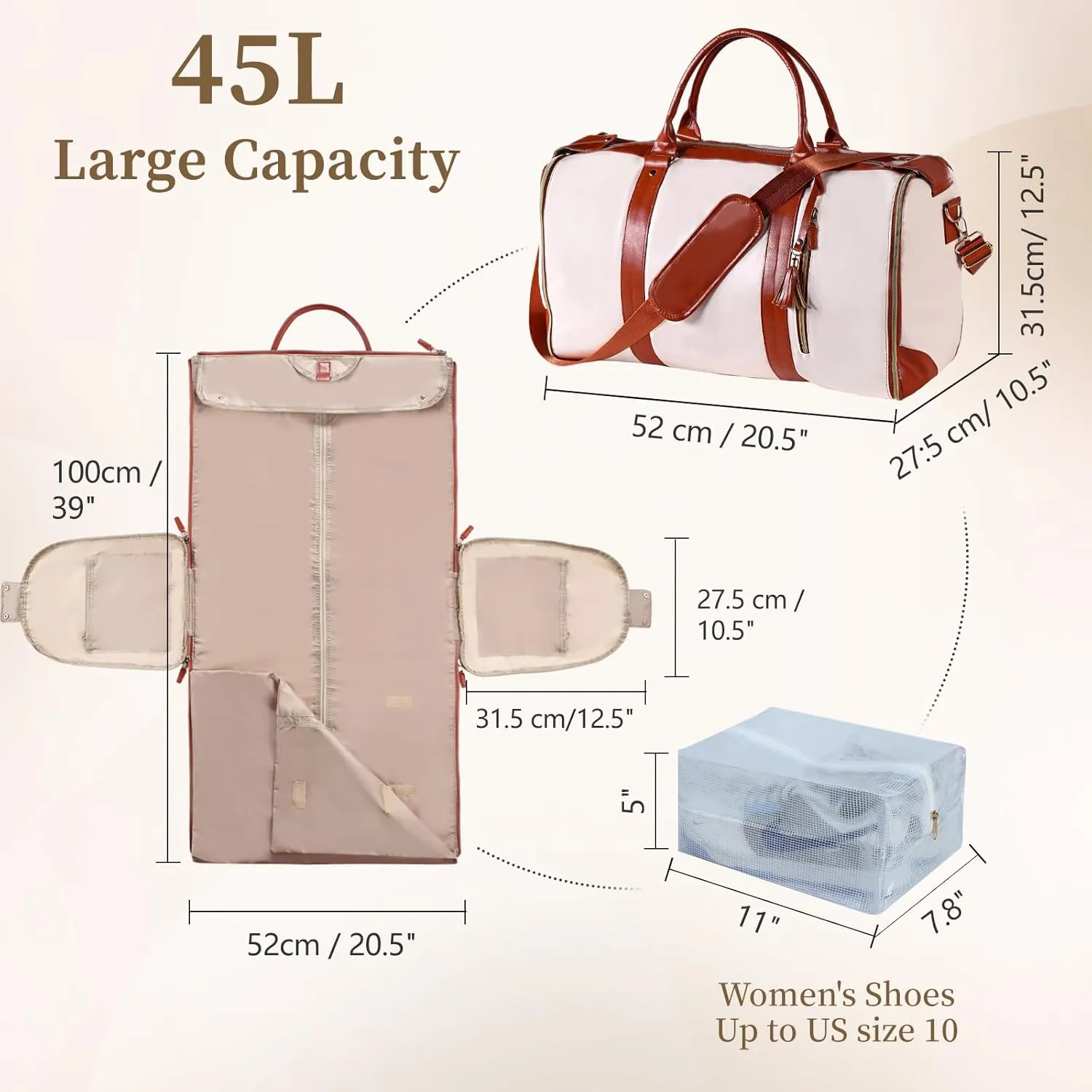 Garment Bags for Travel Duffle, Waterproof Duffle Garment Bag for Travel, 2 in 1 Hanging Suitcase Suit Travel Bags, Garment Bag Duffle Bag Combo, Garment Duffel Bag, Pink Garment Bags for Travel