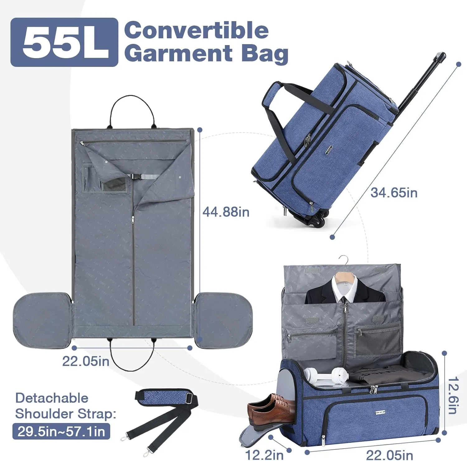 Garment Bags with Wheels, Garment Convertible Weekender Bags, Large Garment Bags for Travel, Duffle Luggage Bag Garment Bag (Blue)