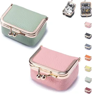 Genuine Leather Mini Jewelry Box, Jewelry Case Kiss Lock, Genuine Leather Mini Coin Purse, Travel Ring Box for Women for Earring/Ring/Necklace/Bracele (2pcs-E)