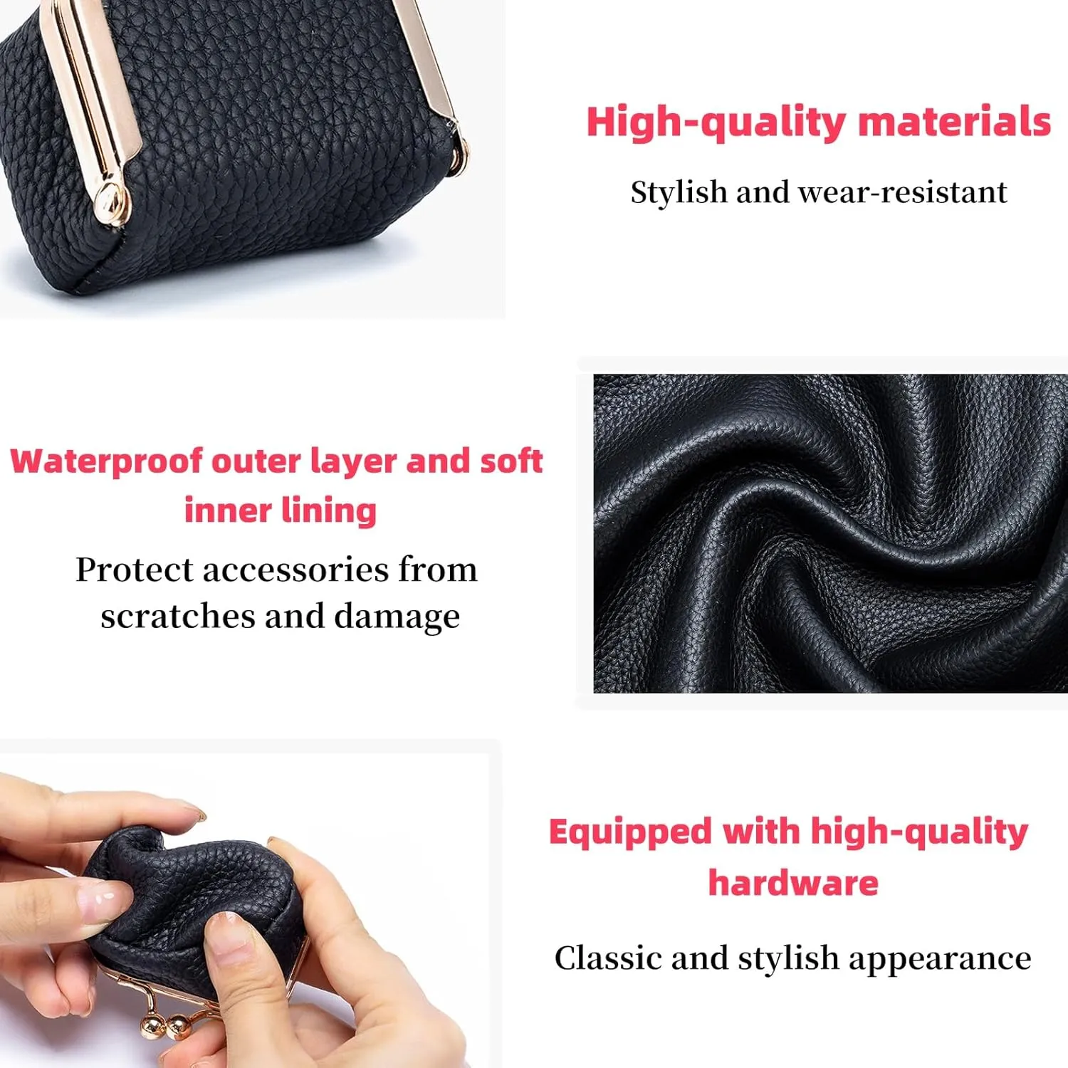 Genuine Leather Mini Jewelry Box, Jewelry Case Kiss Lock, Genuine Leather Mini Coin Purse, Travel Ring Box for Women for Earring/Ring/Necklace/Bracele (2pcs-E)