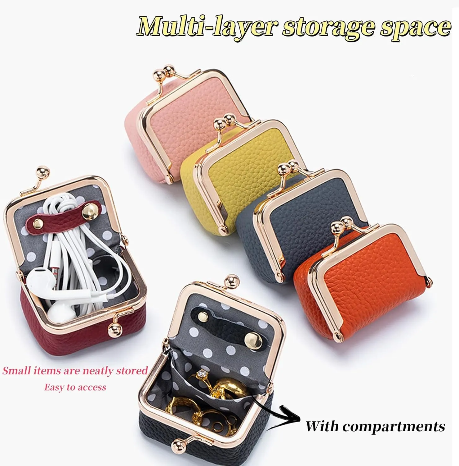 Genuine Leather Mini Jewelry Box, Jewelry Case Kiss Lock, Genuine Leather Mini Coin Purse, Travel Ring Box for Women for Earring/Ring/Necklace/Bracele (2pcs-E)