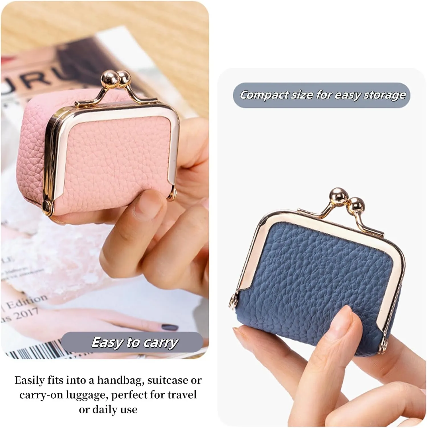 Genuine Leather Mini Jewelry Box, Jewelry Case Kiss Lock, Genuine Leather Mini Coin Purse, Travel Ring Box for Women for Earring/Ring/Necklace/Bracele (2pcs-E)