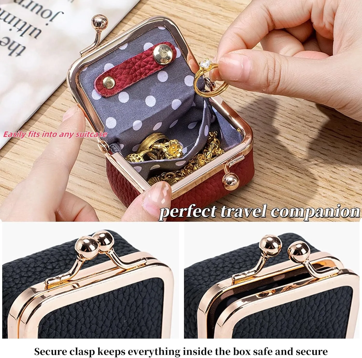 Genuine Leather Mini Jewelry Box, Jewelry Case Kiss Lock, Genuine Leather Mini Coin Purse, Travel Ring Box for Women for Earring/Ring/Necklace/Bracele (2pcs-E)