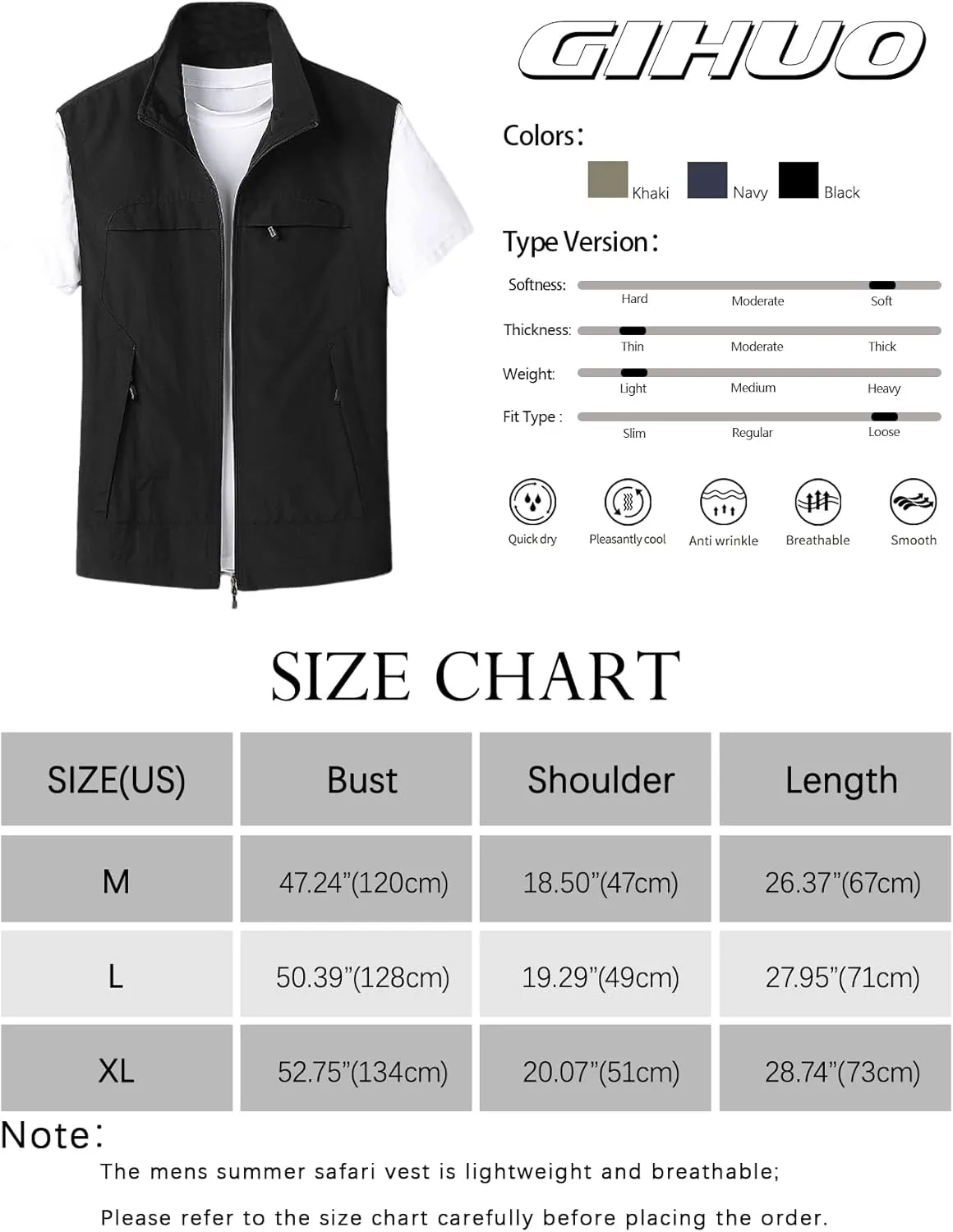 Gihuo Mens Casual Lightweight Travel Vest Summer Utility Safari Vest Sleeveless Jackets for Travel Hiking Fishing