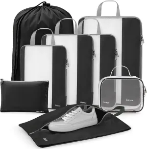 Gonex Expandable Mesh Packing Cubes - 8 Set Compression Organizer for Travel Essentials with Toiletry, Laundry, Shoe & Cable Bags - Black