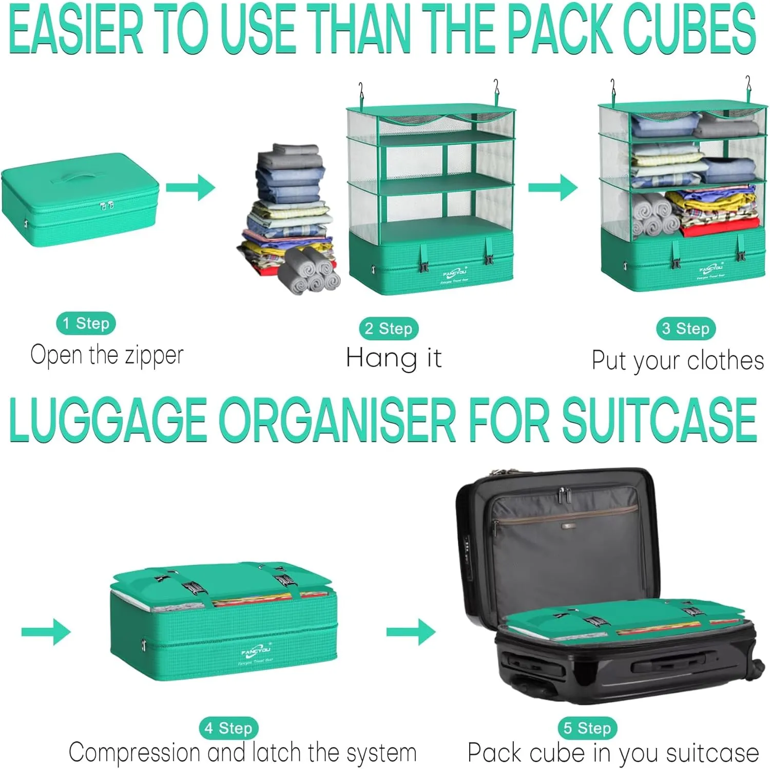 Hanging Packing Cubes for Suitcase Organizer Bags, Upgraded Nylon Fabric Portable Closet 17 * 12 * 24in, Compression Packing and Unpacking In One Step for Business Travel Essentials