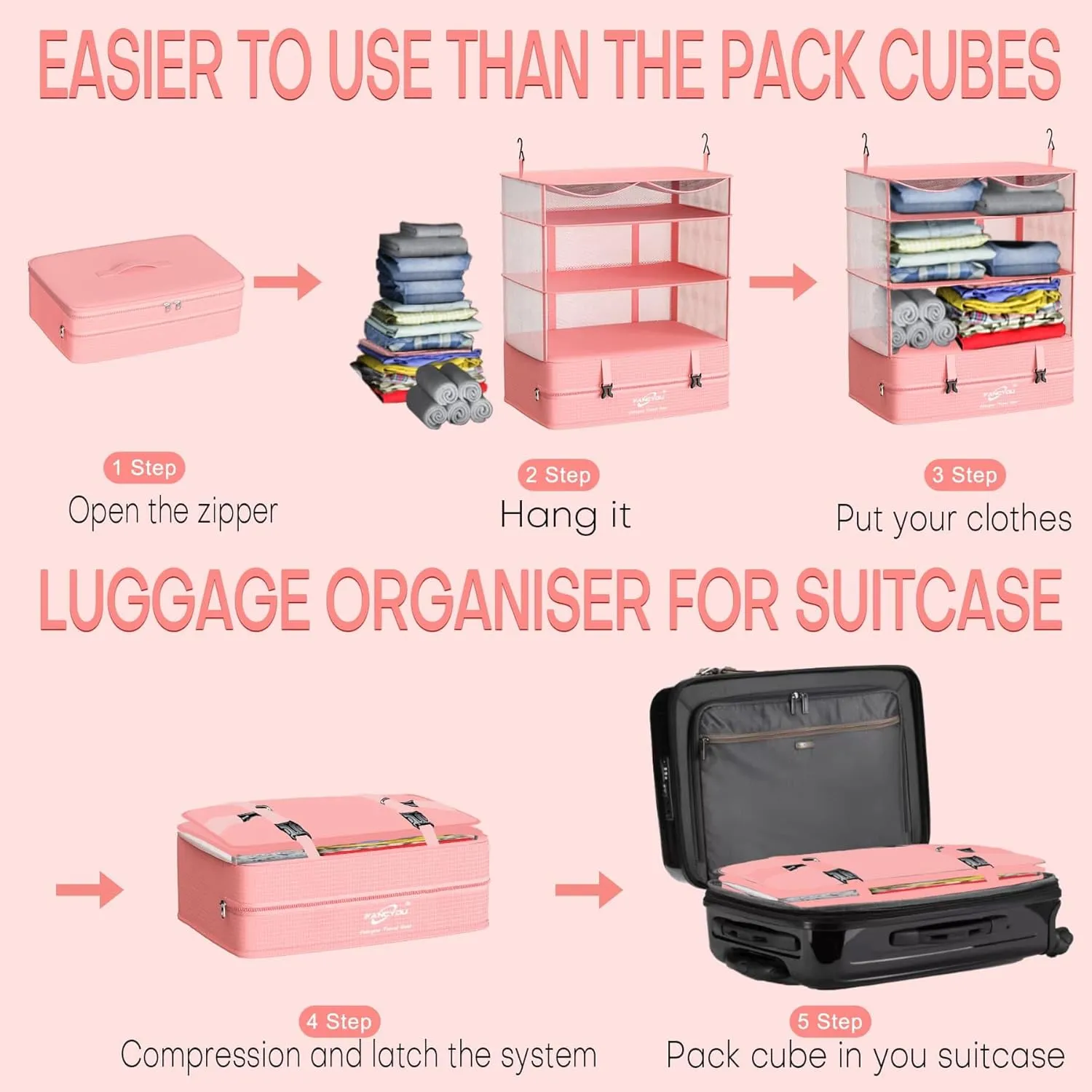 Hanging Packing Cubes for Suitcase Organizer Bags, Upgraded Nylon Fabric Portable Closet 17 * 12 * 24in, Compression Packing and Unpacking In One Step for Business Travel Essentials