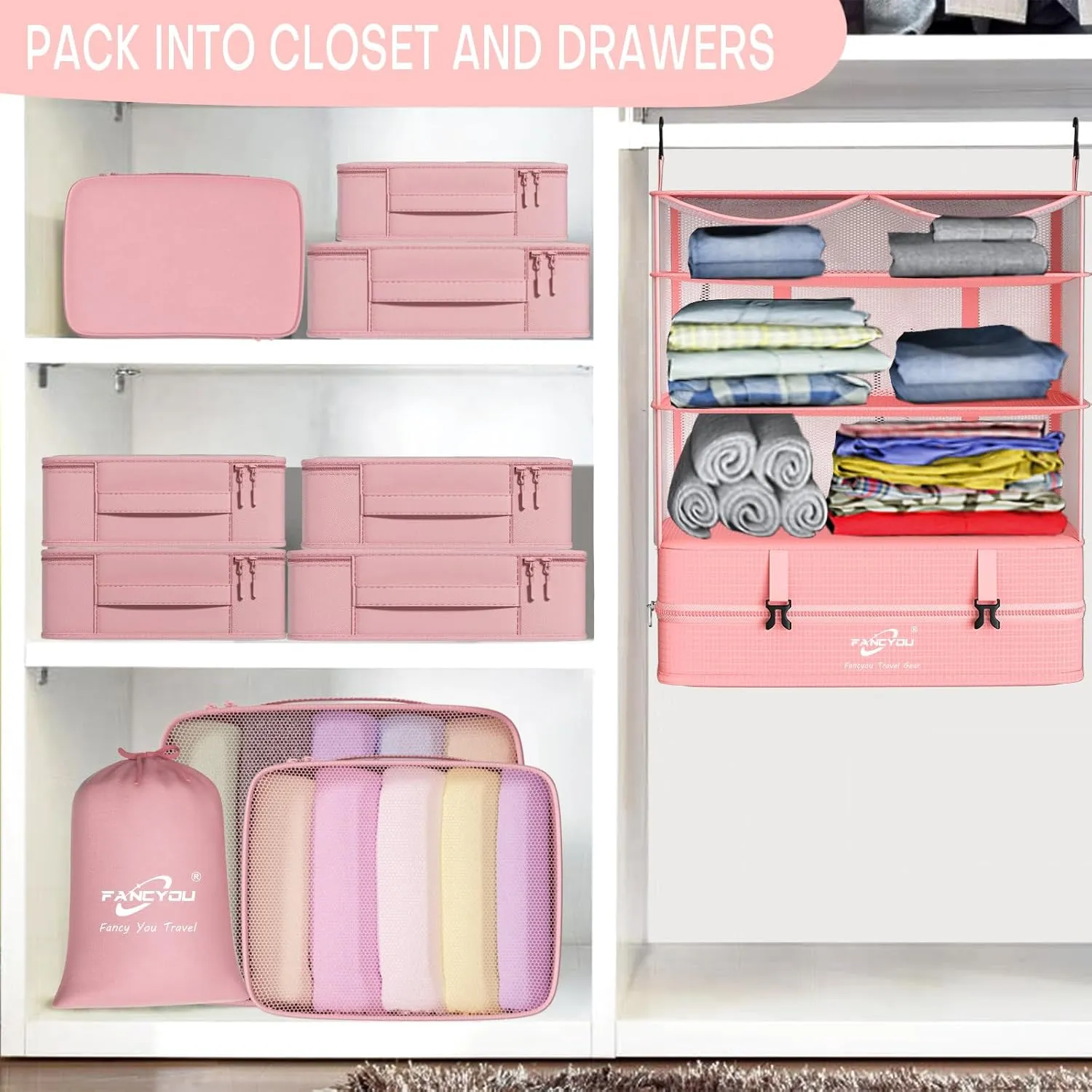 Hanging Packing Cubes for Suitcase Organizer Bags, Upgraded Nylon Fabric Portable Closet 17 * 12 * 24in, Compression Packing and Unpacking In One Step for Business Travel Essentials