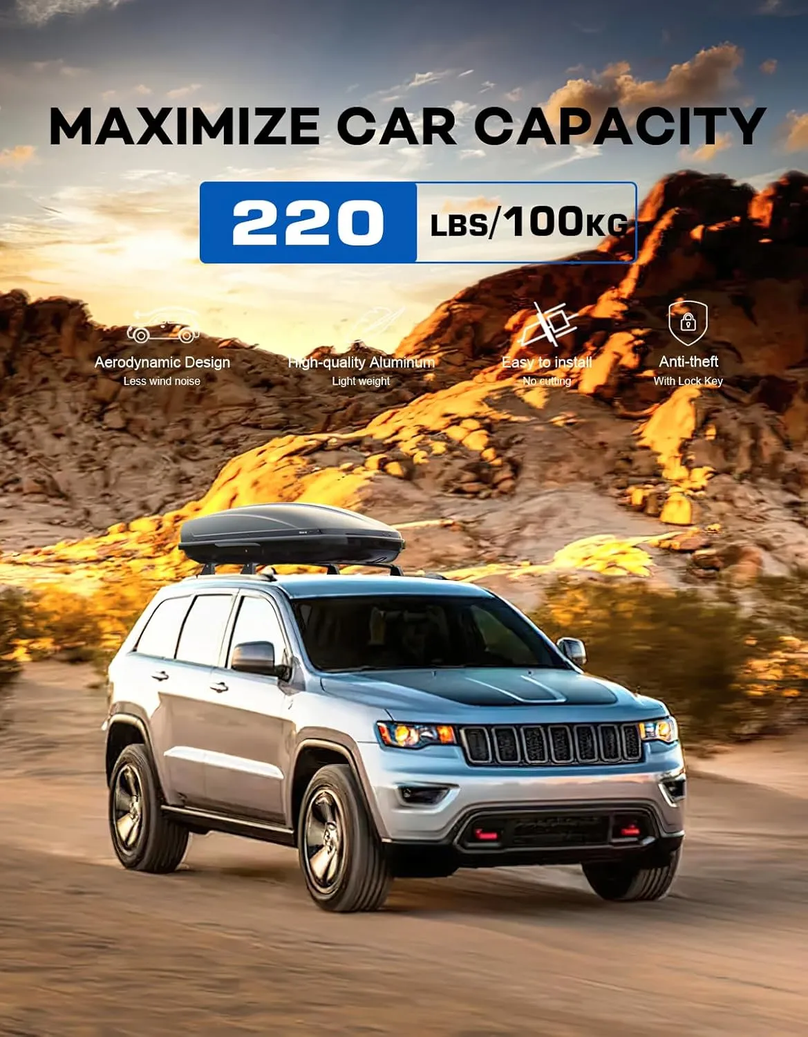 Heavy Duty 220lbs Lockable Roof Rack Cross Bars Compatible with Jeep Grand Cherokee 2011-2021 (with Grooved Side Rails), Aluminum Crossbars Rooftop Cargo Bag Kayak Luggage Snowboard