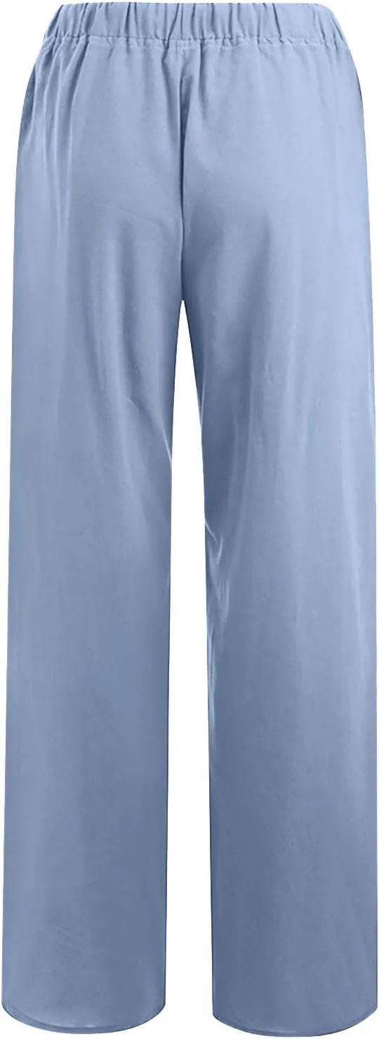 hlysgo Women's Summer Drawstring Waist Wide Leg Casual Pants 2024 Loose Cotton Linen Palazzo Pants Trousers with Pockets