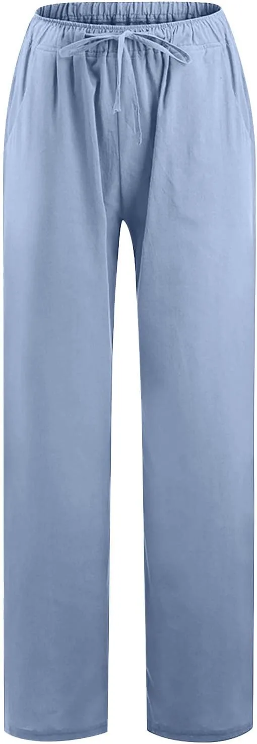 hlysgo Women's Summer Drawstring Waist Wide Leg Casual Pants 2024 Loose Cotton Linen Palazzo Pants Trousers with Pockets