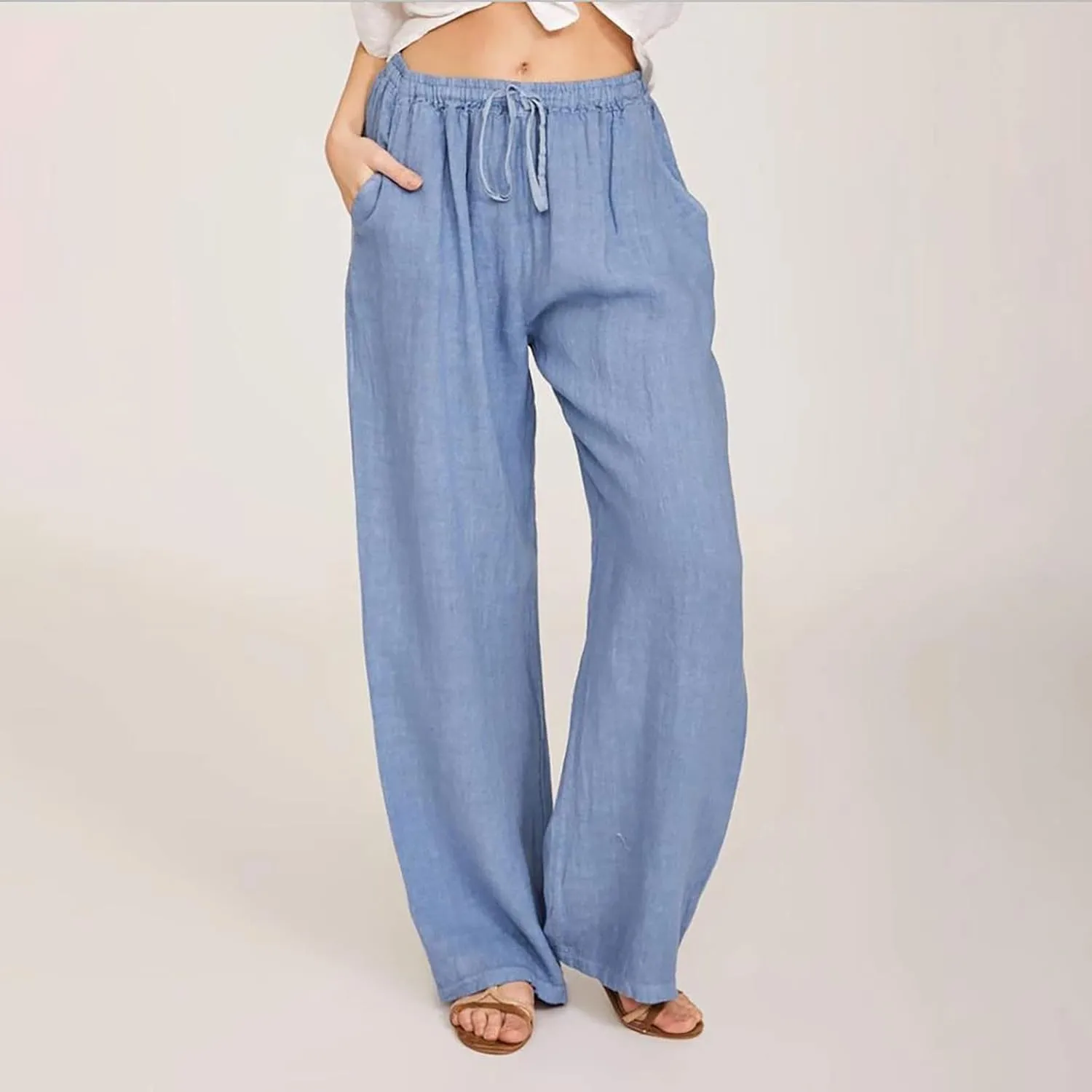 hlysgo Women's Summer Drawstring Waist Wide Leg Casual Pants 2024 Loose Cotton Linen Palazzo Pants Trousers with Pockets