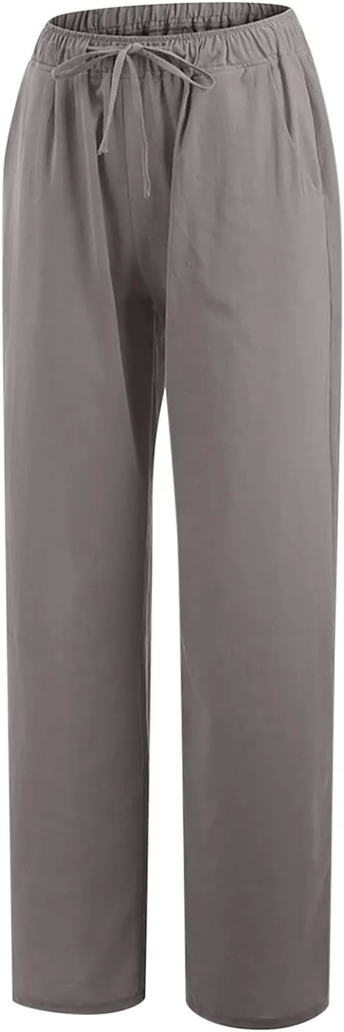 hlysgo Women's Summer Drawstring Waist Wide Leg Casual Pants 2024 Loose Cotton Linen Palazzo Pants Trousers with Pockets
