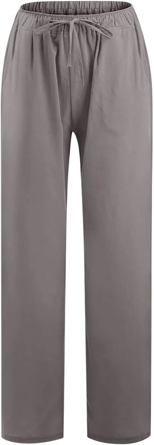 hlysgo Women's Summer Drawstring Waist Wide Leg Casual Pants 2024 Loose Cotton Linen Palazzo Pants Trousers with Pockets