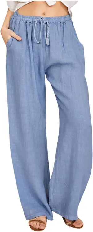 hlysgo Women's Summer Drawstring Waist Wide Leg Casual Pants 2024 Loose Cotton Linen Palazzo Pants Trousers with Pockets