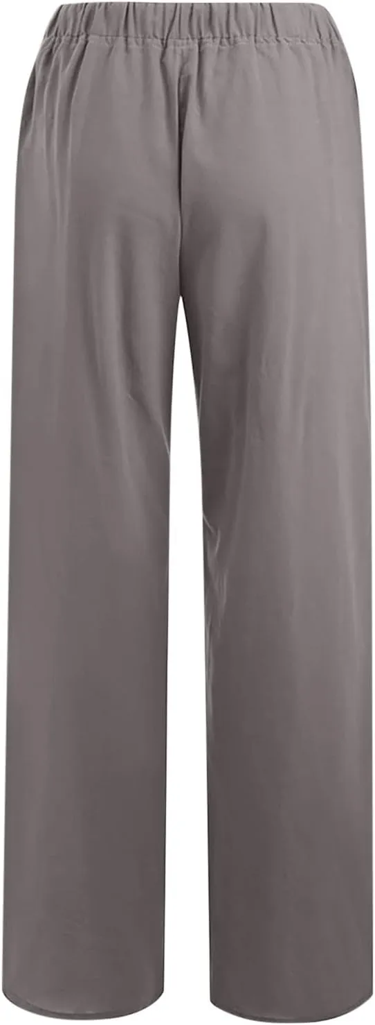 hlysgo Women's Summer Drawstring Waist Wide Leg Casual Pants 2024 Loose Cotton Linen Palazzo Pants Trousers with Pockets