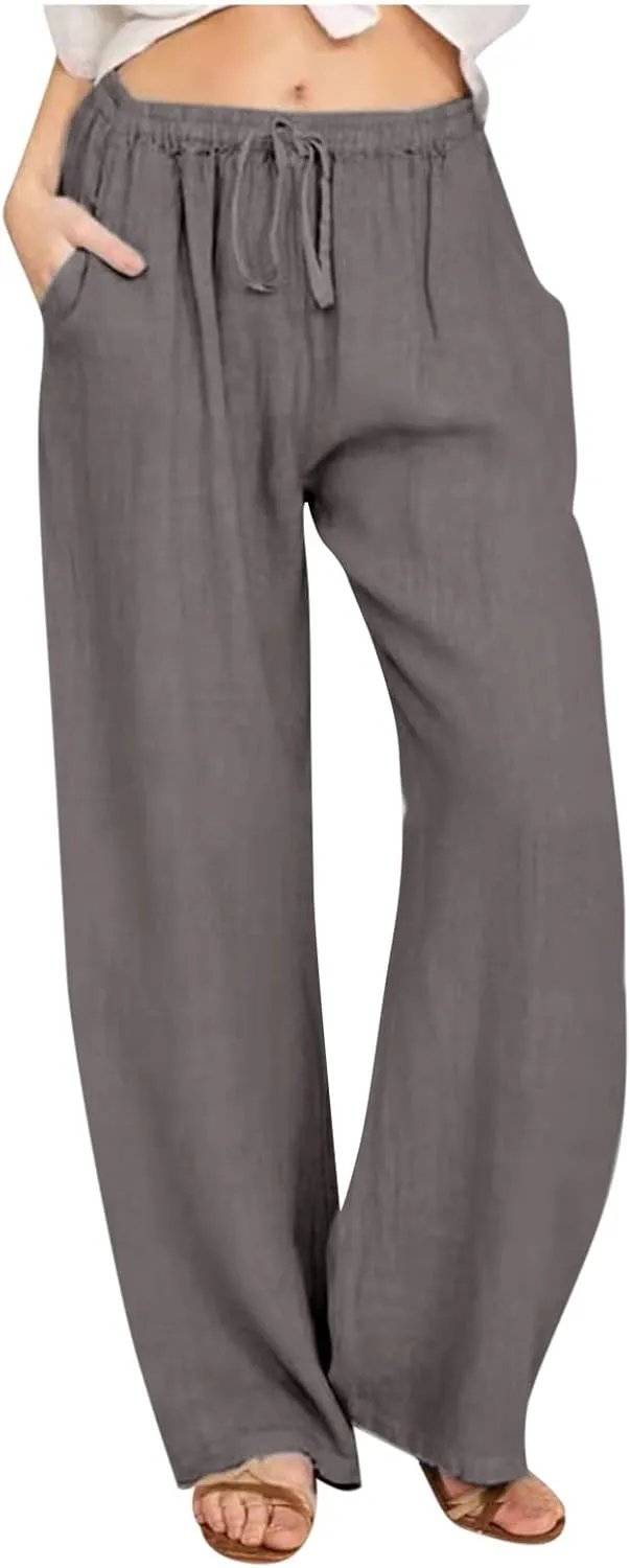 hlysgo Women's Summer Drawstring Waist Wide Leg Casual Pants 2024 Loose Cotton Linen Palazzo Pants Trousers with Pockets