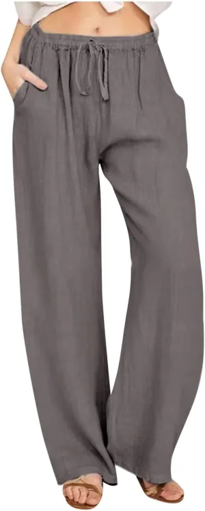 hlysgo Women's Summer Drawstring Waist Wide Leg Casual Pants 2024 Loose Cotton Linen Palazzo Pants Trousers with Pockets