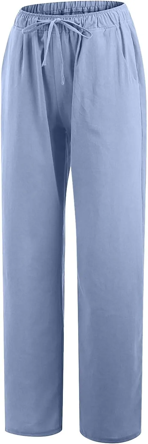 hlysgo Women's Summer Drawstring Waist Wide Leg Casual Pants 2024 Loose Cotton Linen Palazzo Pants Trousers with Pockets