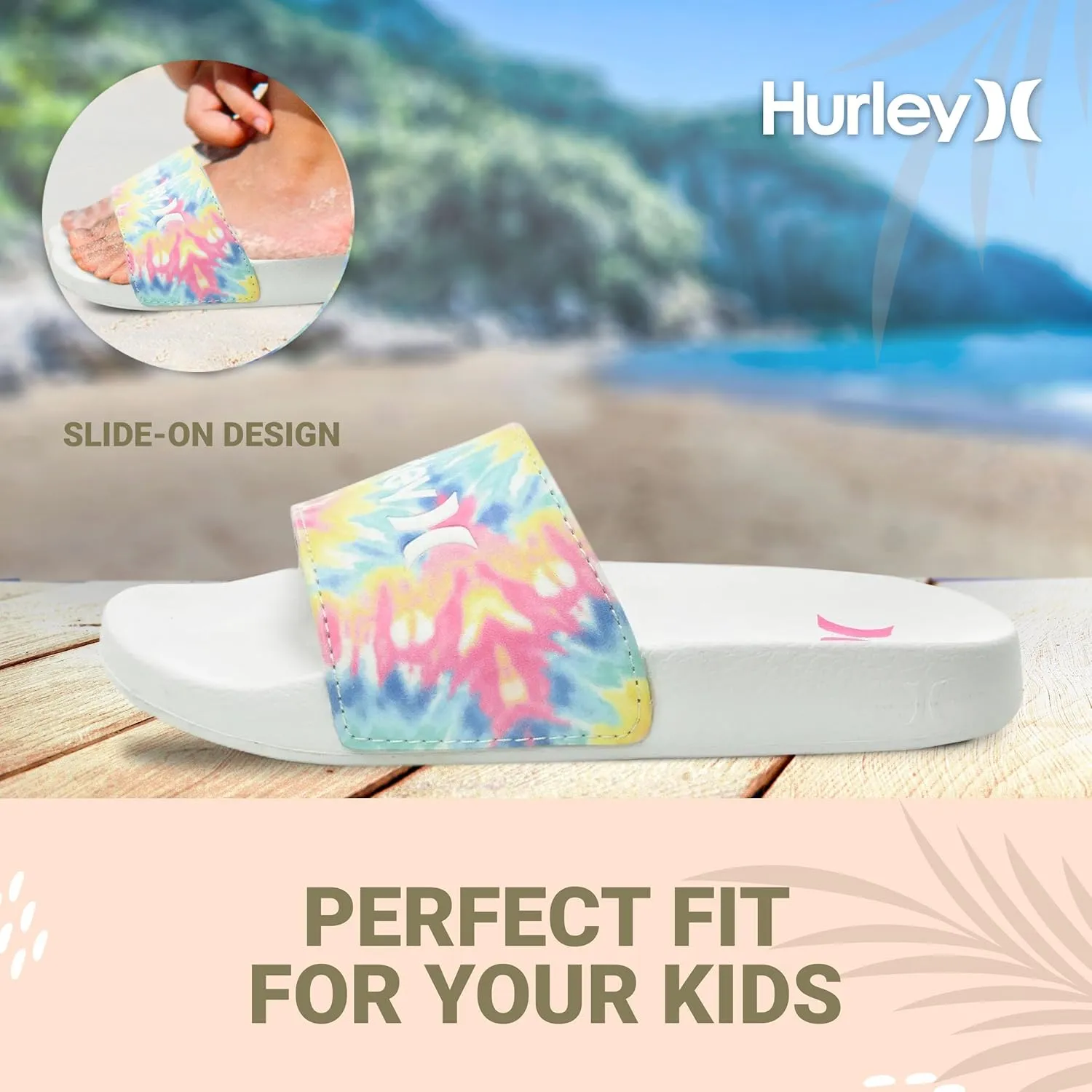 Hurley Naia Comfortable Slip-On Kids Sandals, Cute Girls' Slides for Indoor and Outdoor, Shower Slides for The Beach and Pool