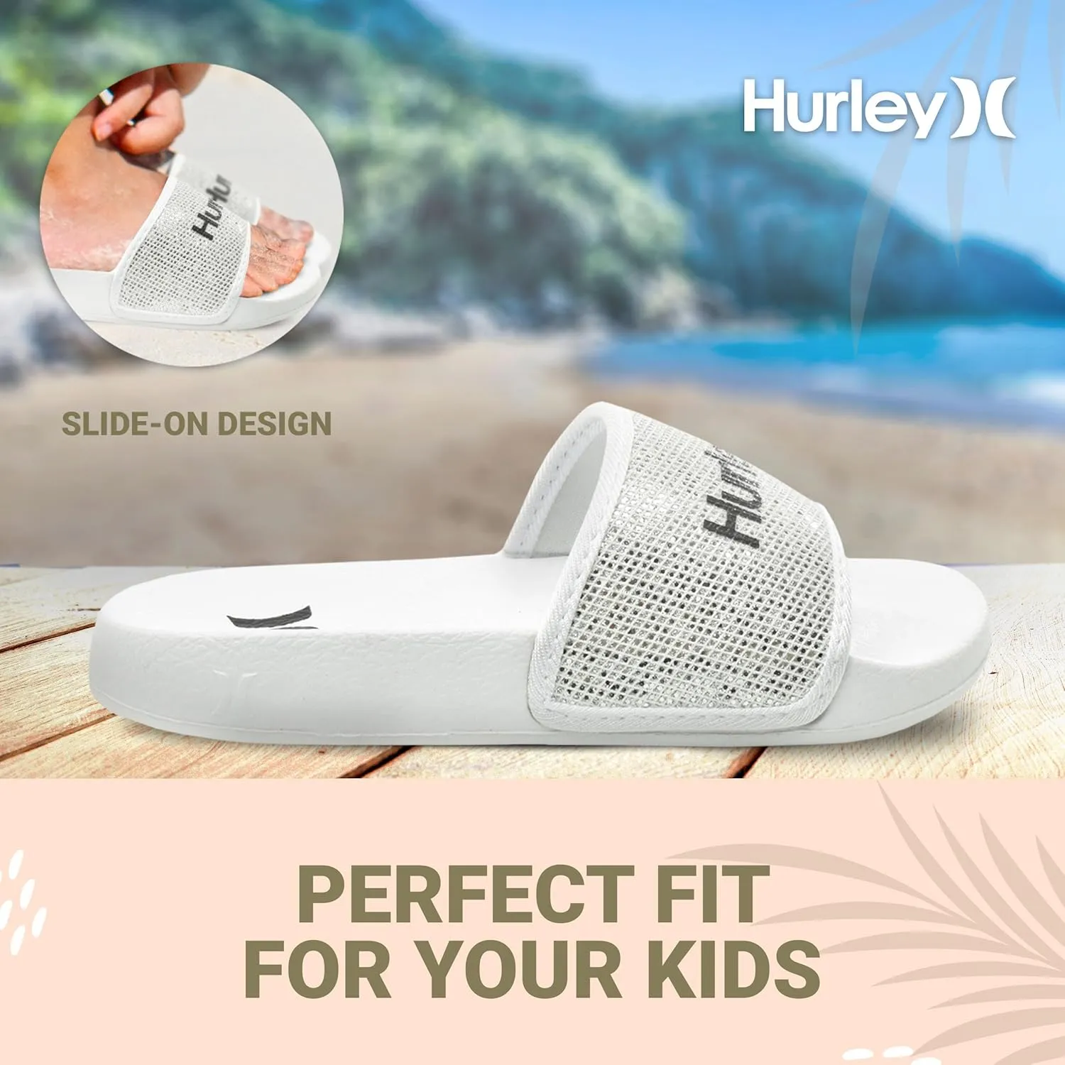 Hurley Naia Comfortable Slip-On Kids Sandals, Cute Girls' Slides for Indoor and Outdoor, Shower Slides for The Beach and Pool