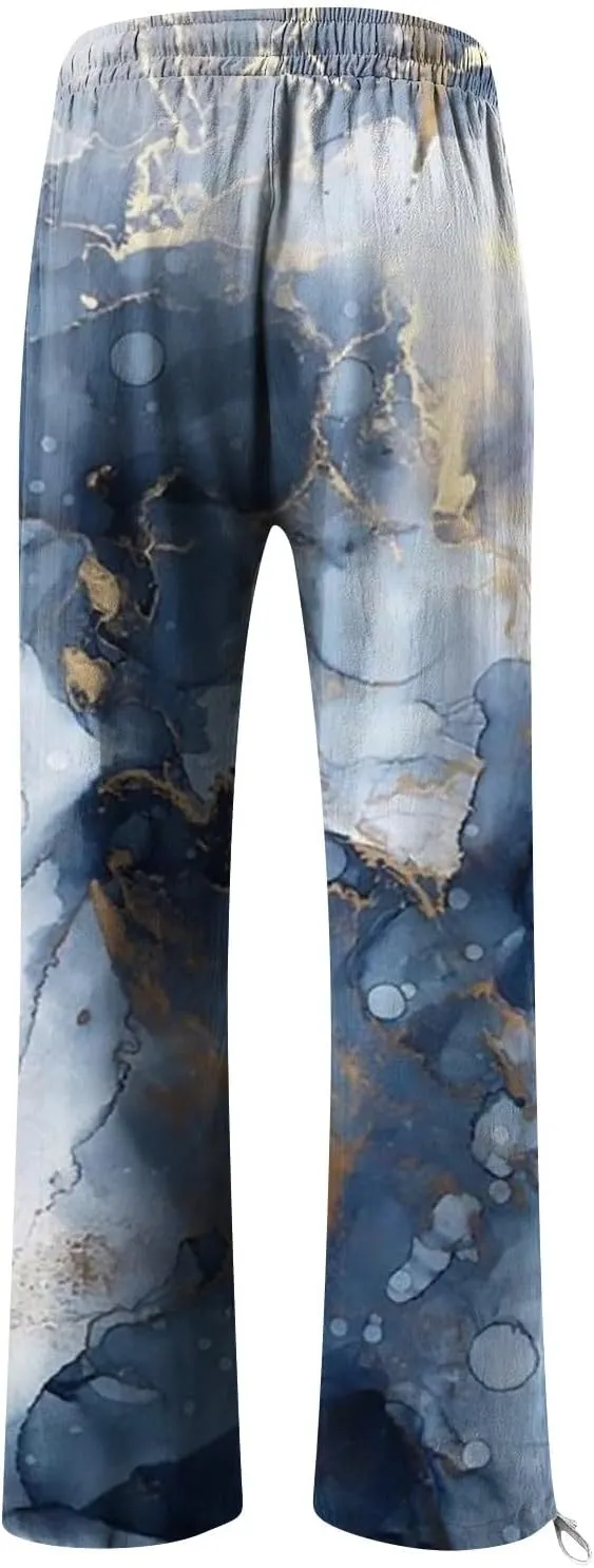 HXHYQKP Women Cotton Linen Palazzo Pants Summer Wide Leg High Waist Lounge Flowy Adjustable Pant Trousers with Pockets 2024