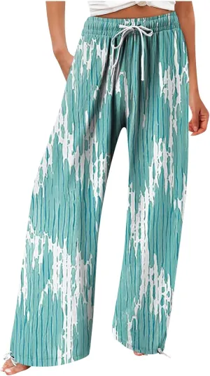 HXHYQKP Women Cotton Linen Palazzo Pants Summer Wide Leg High Waist Lounge Flowy Adjustable Pant Trousers with Pockets 2024