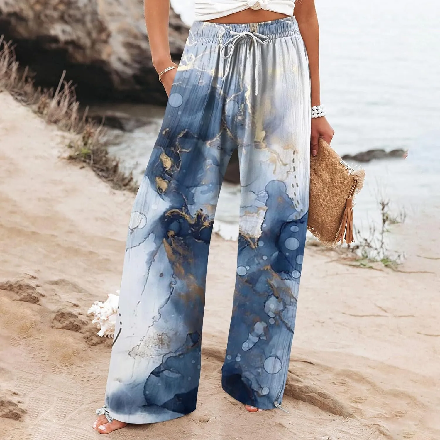 HXHYQKP Women Cotton Linen Palazzo Pants Summer Wide Leg High Waist Lounge Flowy Adjustable Pant Trousers with Pockets 2024