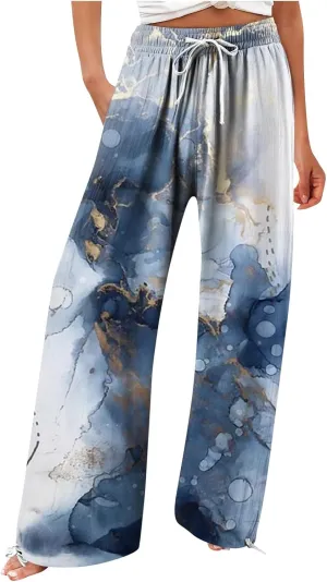 HXHYQKP Women Cotton Linen Palazzo Pants Summer Wide Leg High Waist Lounge Flowy Adjustable Pant Trousers with Pockets 2024