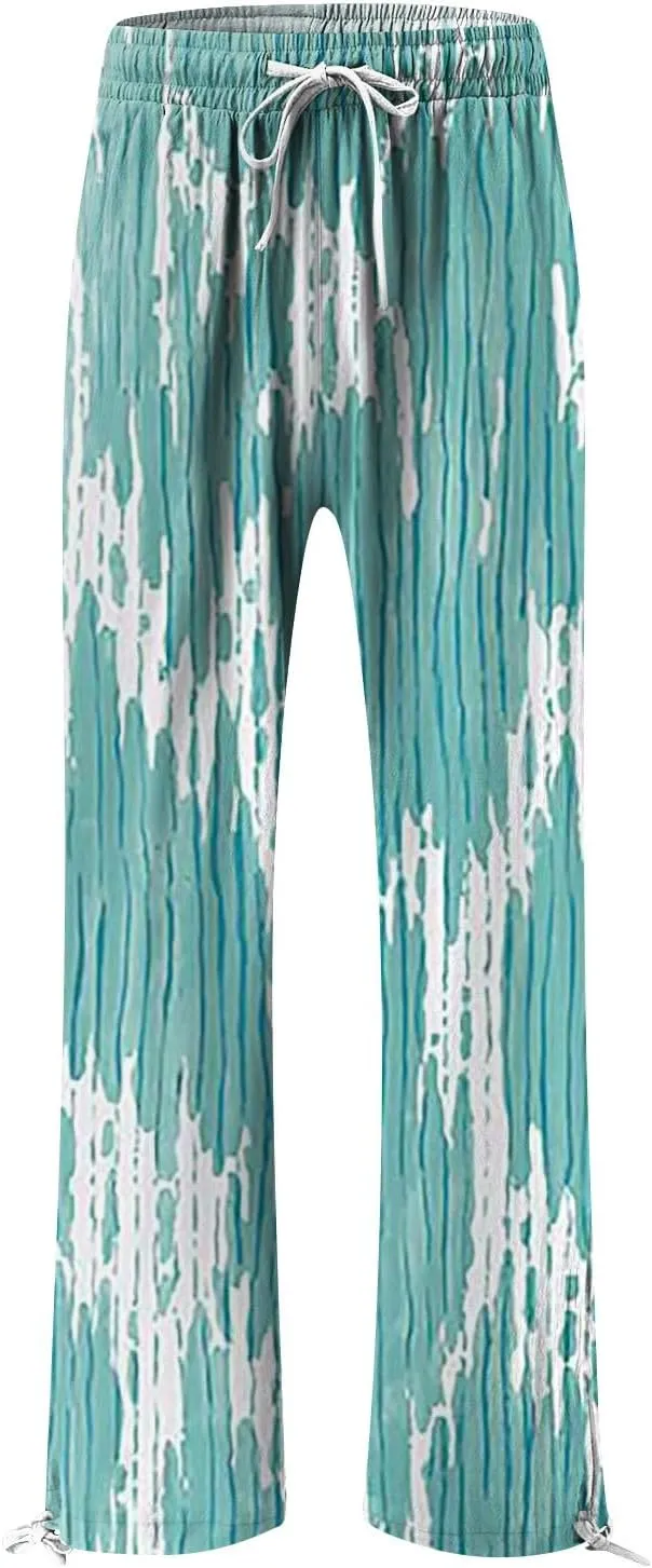 HXHYQKP Women Cotton Linen Palazzo Pants Summer Wide Leg High Waist Lounge Flowy Adjustable Pant Trousers with Pockets 2024