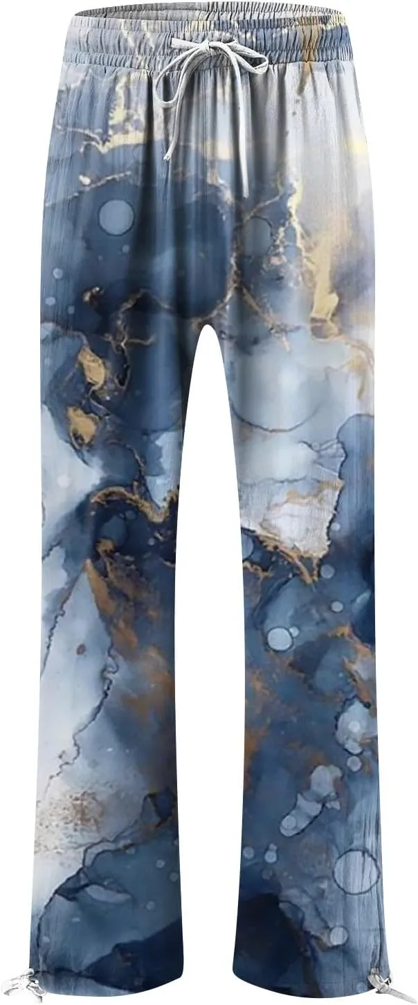 HXHYQKP Women Cotton Linen Palazzo Pants Summer Wide Leg High Waist Lounge Flowy Adjustable Pant Trousers with Pockets 2024