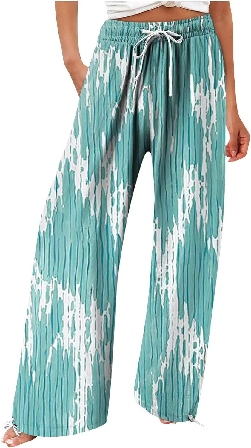 HXHYQKP Women Cotton Linen Palazzo Pants Summer Wide Leg High Waist Lounge Flowy Adjustable Pant Trousers with Pockets 2024