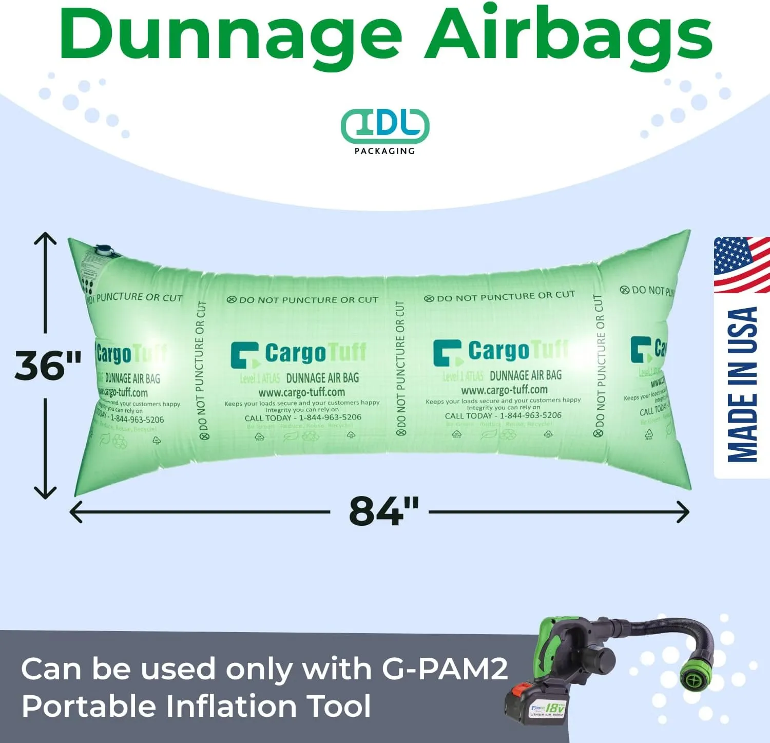 IDL Packaging 36" x 84" Dunnage Airbags, Woven Polypropylene, Level 1 - Fill The Void in Trucks and Intermodal Shipments, Reusable - Cargo Securing Solution for Container Stuffing