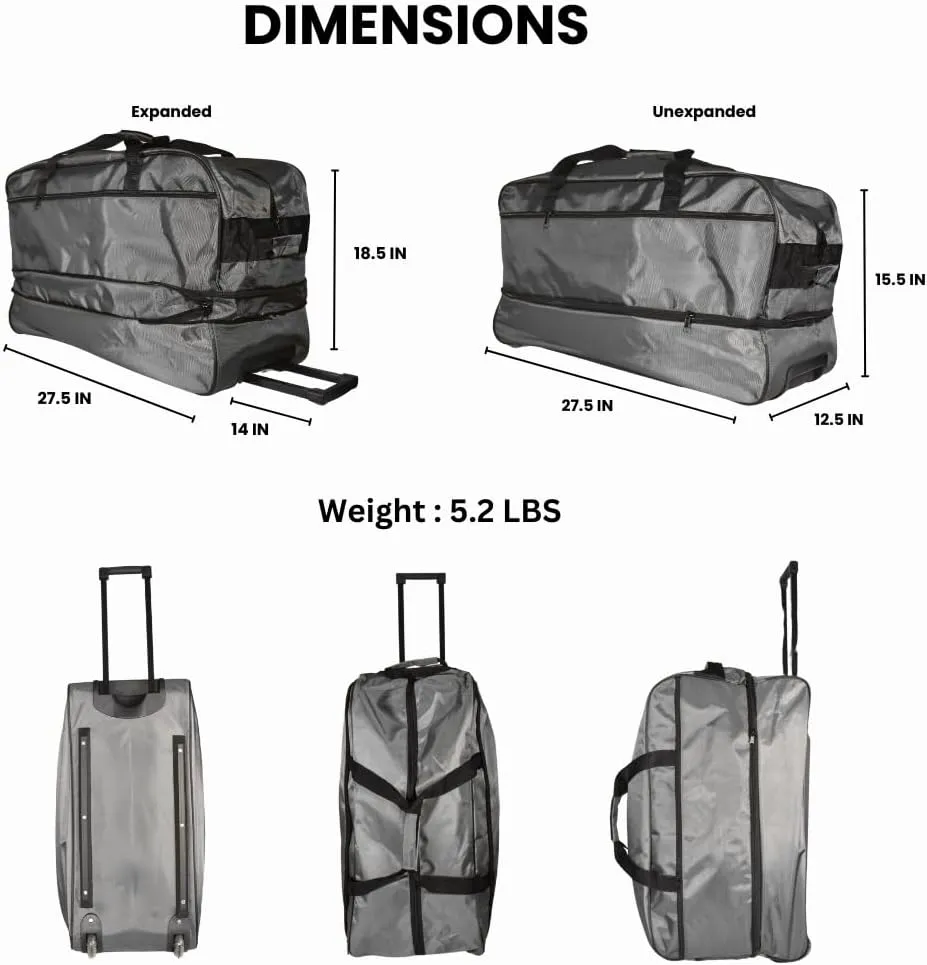 Ironbar Duffle Bag Travel Suitcase Large Foldable Expandable, Sports Gym Tote Bag, Carry On Weekender Men Women Unisex Black (Gray)
