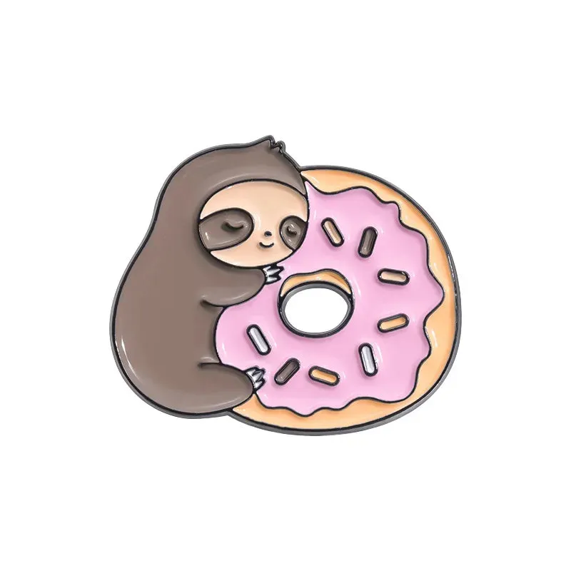 Kawaii Lazy Sloth Enamel Pin 🍩☕️ - Cute Brooch for Bags & Clothes 🦥✨ - Adorable Metal Jewelry Gift!