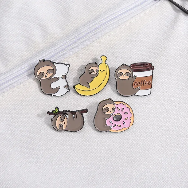 Kawaii Lazy Sloth Enamel Pin 🍩☕️ - Cute Brooch for Bags & Clothes 🦥✨ - Adorable Metal Jewelry Gift!