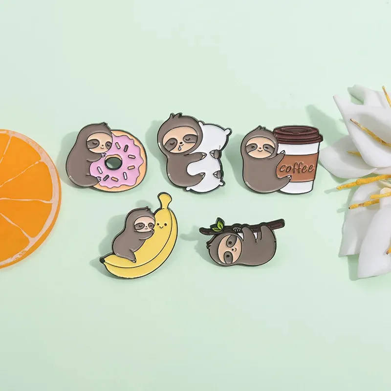 Kawaii Lazy Sloth Enamel Pin 🍩☕️ - Cute Brooch for Bags & Clothes 🦥✨ - Adorable Metal Jewelry Gift!