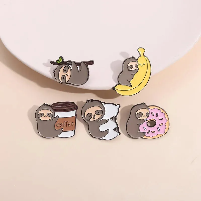 Kawaii Lazy Sloth Enamel Pin 🍩☕️ - Cute Brooch for Bags & Clothes 🦥✨ - Adorable Metal Jewelry Gift!