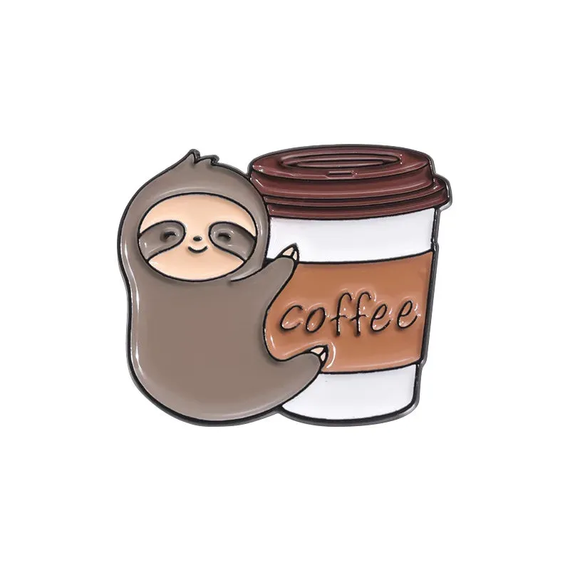 Kawaii Lazy Sloth Enamel Pin 🍩☕️ - Cute Brooch for Bags & Clothes 🦥✨ - Adorable Metal Jewelry Gift!