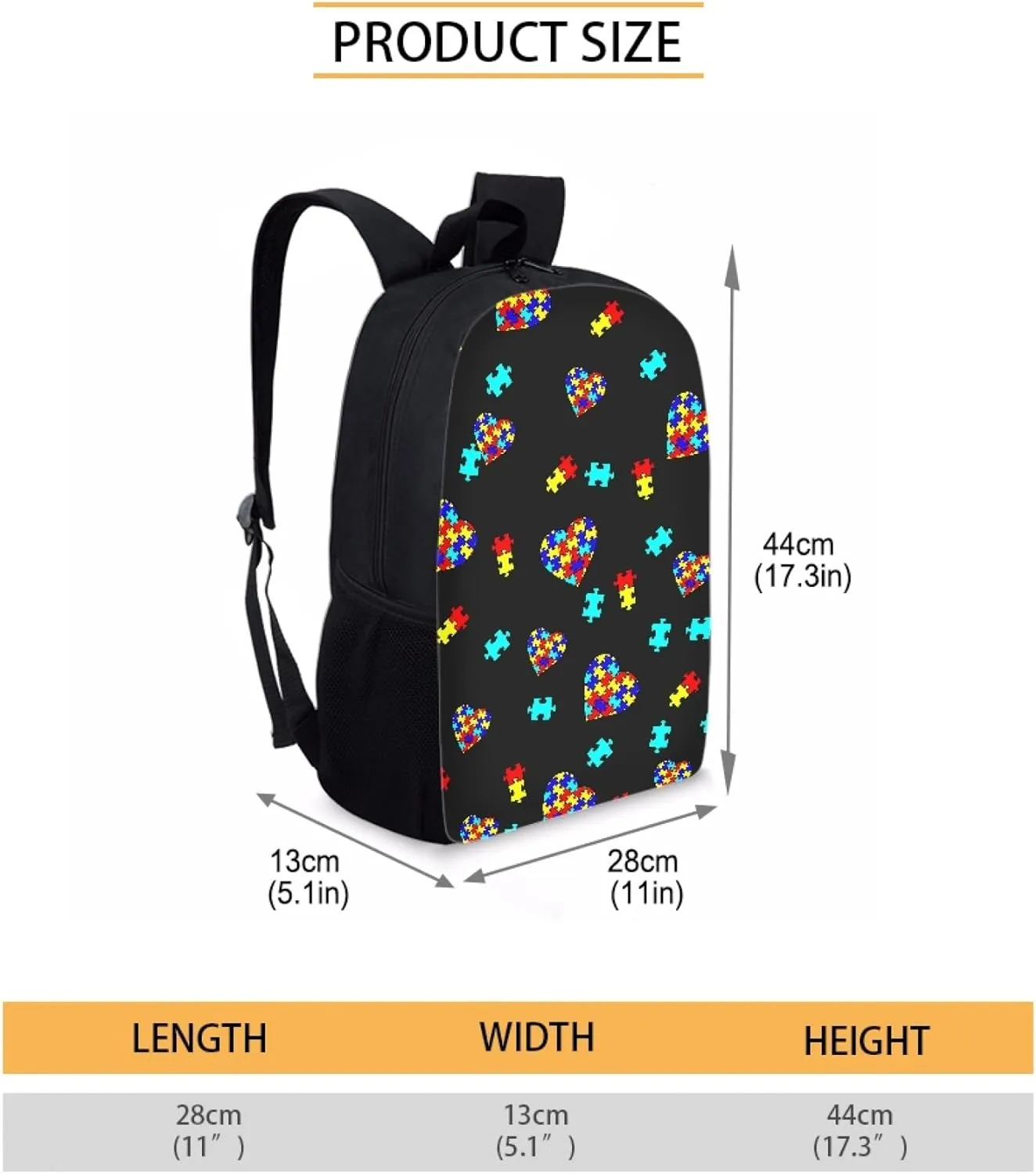 Kids Backpack Print School Bookbag Travel bag for Elementary Students Teens Girls Boys (Autism Awareness Puzzle Pieces Heart)