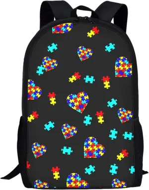 Kids Backpack Print School Bookbag Travel bag for Elementary Students Teens Girls Boys (Autism Awareness Puzzle Pieces Heart)