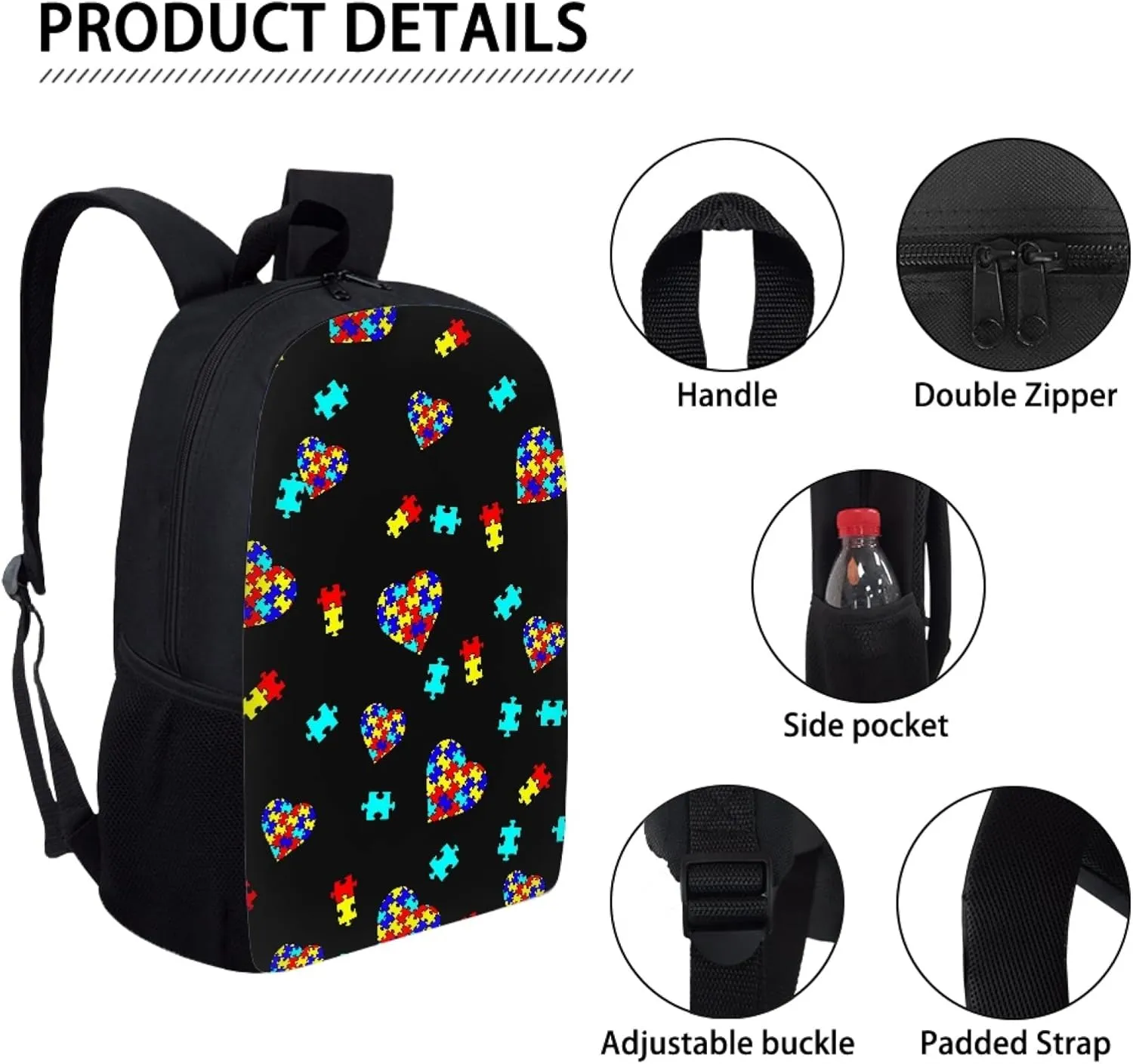 Kids Backpack Print School Bookbag Travel bag for Elementary Students Teens Girls Boys (Autism Awareness Puzzle Pieces Heart)