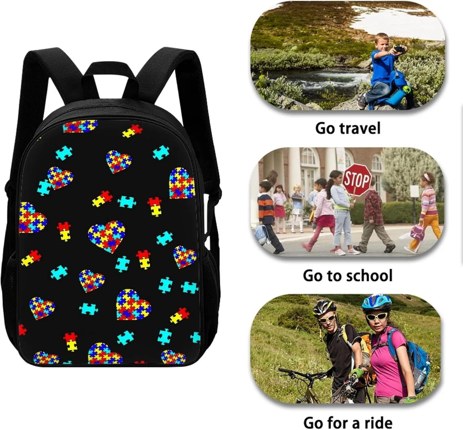 Kids Backpack Print School Bookbag Travel bag for Elementary Students Teens Girls Boys (Autism Awareness Puzzle Pieces Heart)