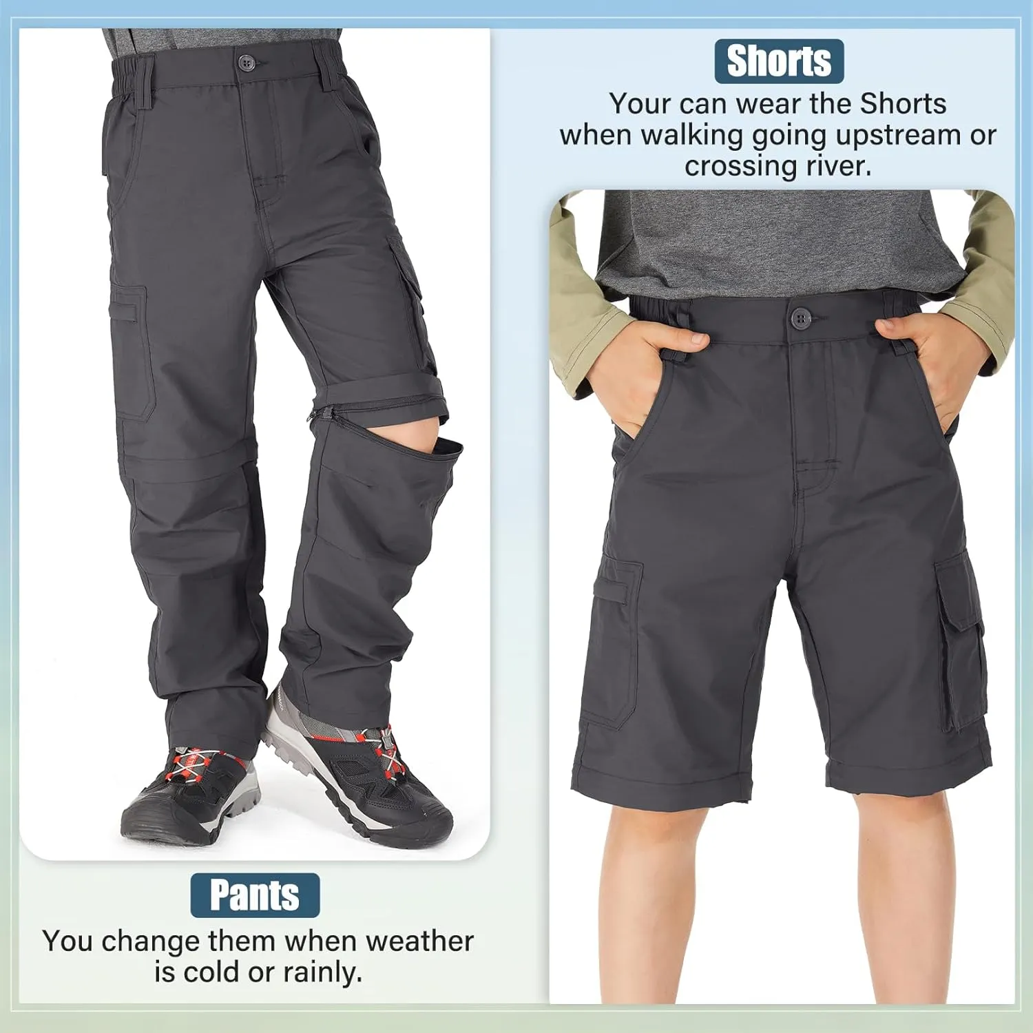 Kids' Cargo Pants, Boy's Casual Outdoor Quick Dry Waterproof Hiking Climbing Convertible Trousers
