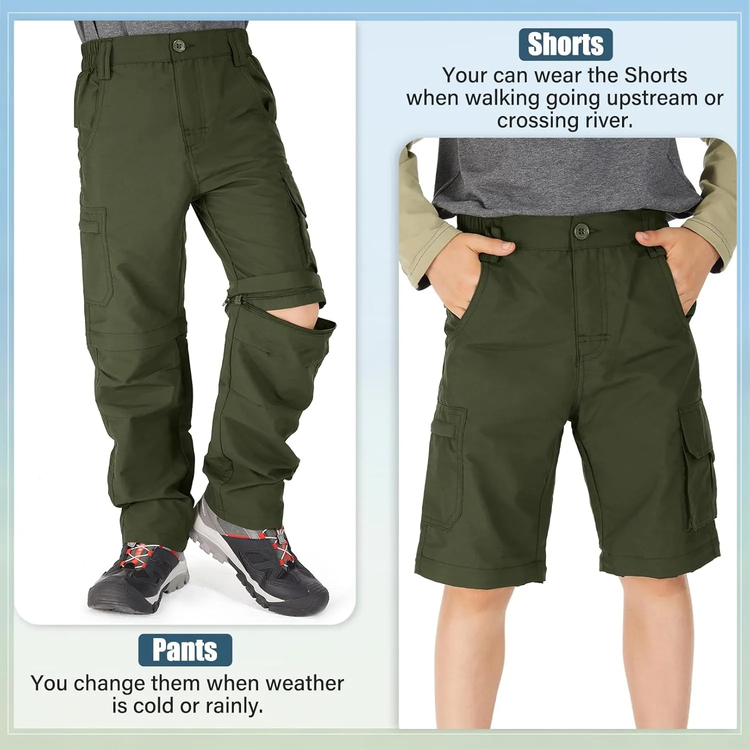 Kids' Cargo Pants, Boy's Casual Outdoor Quick Dry Waterproof Hiking Climbing Convertible Trousers